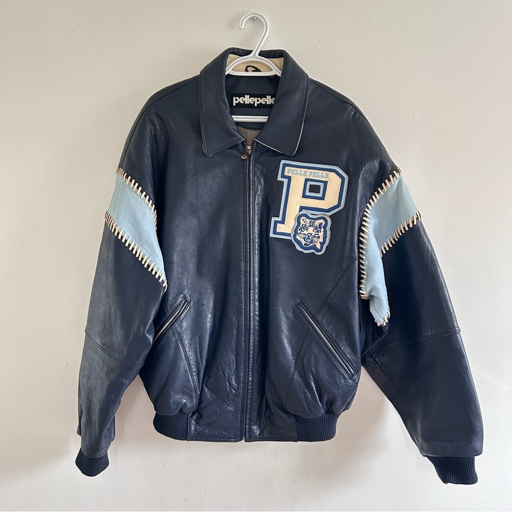 Vintage Pelle Pelle Leather Bomber Jacket with Light Blue Sleeve Panels 90’s - Picture 2 of 9